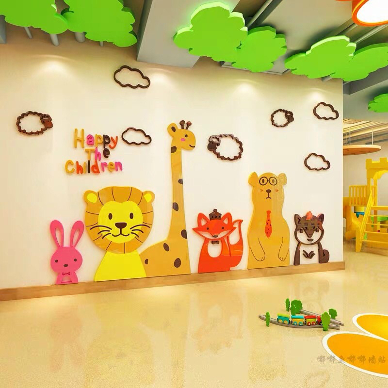 Decal mica 3D dán tường thế giới động vật cho bé, decor phòng học, phòng ngủ bé gái