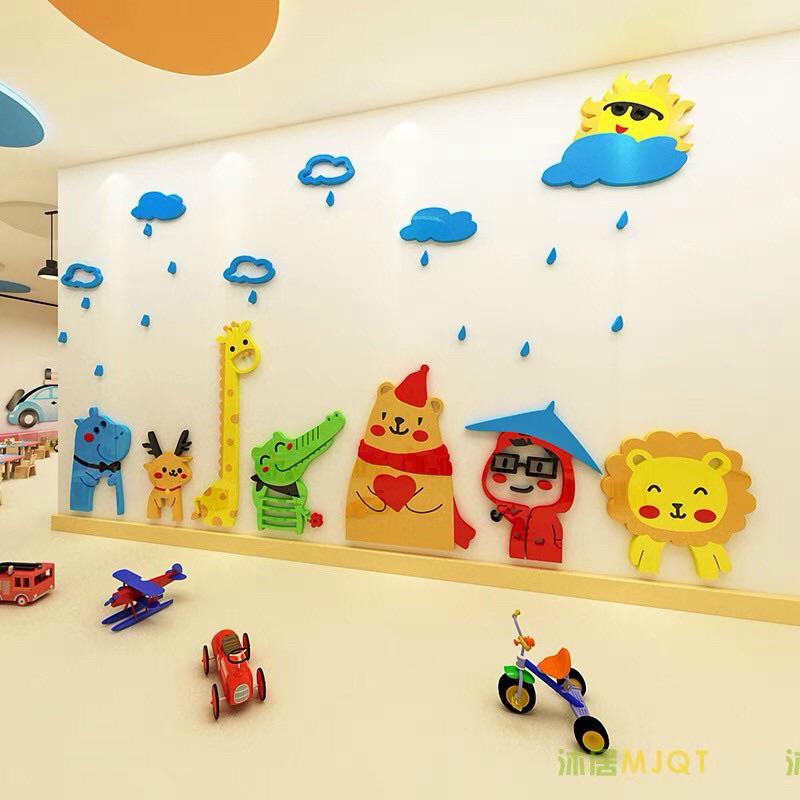 Decal mica 3D dán tường thế giới động vật cho bé, decor phòng học, phòng ngủ bé gái