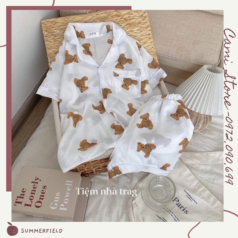 Bộ đồ ngủ pijama nữ cộc tay quần đùi chất lụa Kate Thái mềm mịn màu trắng họa tiết gấu vàng xinh xắn - CD0037