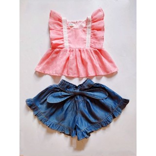  Set đồ bé gái áo trắng & hồng + quần đùi jean giả váy 10kg - 35kg 