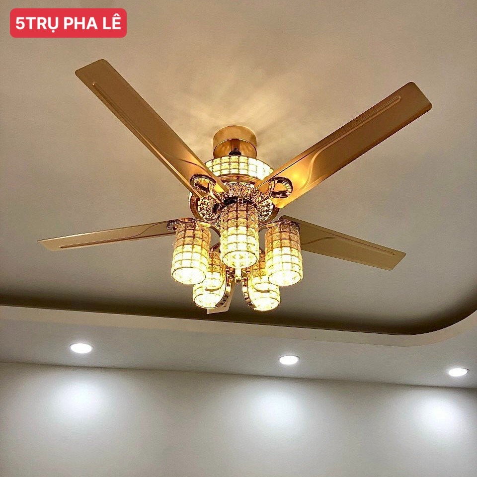 Quạt Trần 5 trụ pha lê, Công Xuất 90W Tặng Kèm Móc Cao Su Treo Quạt Có Đèn LED, Có Điều Từ Xa [Bảo Hành 5 Năm]