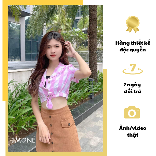 Áo sơ mi nữ hồng caro De MONÉ cotton dáng croptop ngắn tay cách điệu thắt nơ