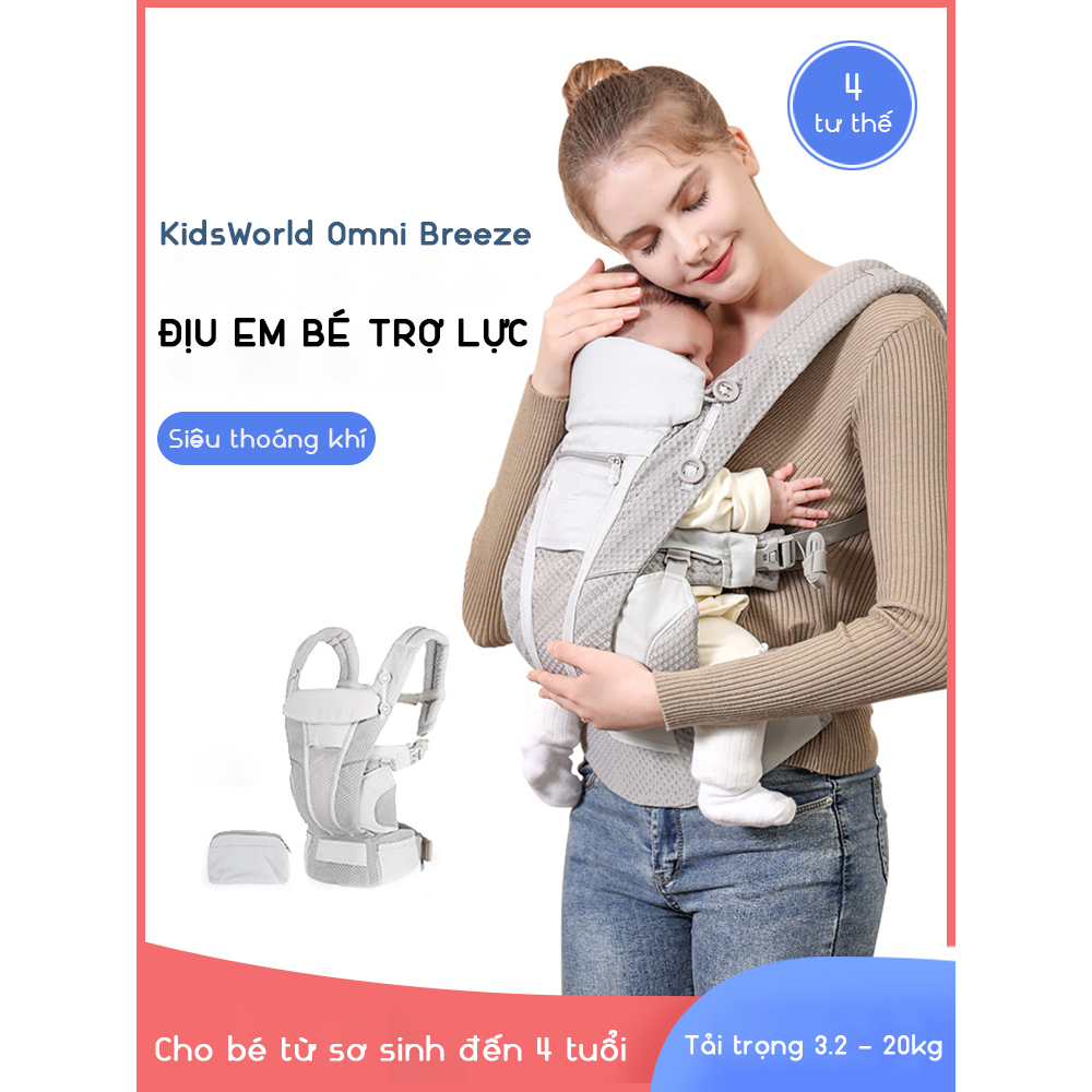 Địu cho bé Kidsworld Omni Breeze và 360 Cool Air Mesh trợ lực 4 tư thế lưới thoáng khí có mũ che cho bé