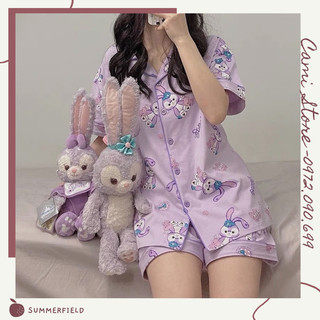 Bộ đồ ngủ pijama nữ cộc tay quần đùi chất lụa Kate Thái mềm mịn màu tím họa tiết thỏ stellalou - CD0039