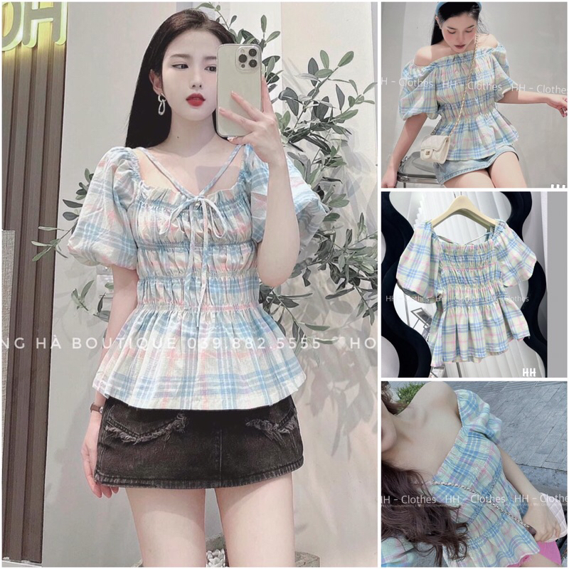 Áo Kẻ Xanh Baby Doll Tay Bồng Chạy Chun Dây Lưng Sau Mặc 2 Kiểu
