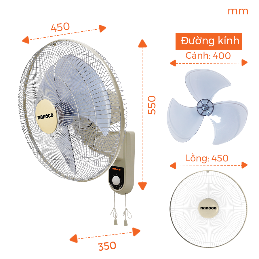 Quạt treo tường 2 dây Nanoco model NWF1611