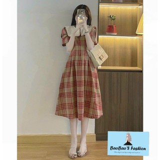 Đầm kẻ cổ bèo dáng dài tiểu thư