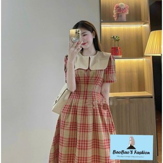 Đầm kẻ cổ bèo dáng dài tiểu thư