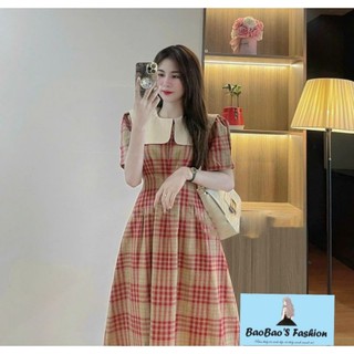 Đầm kẻ cổ bèo dáng dài tiểu thư