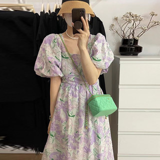 (ORDER) Váy hoa tím nhạt tay phồng cổ vuông thon eo xòe dài điệu đà vintage Hàn Quốc sang trọng