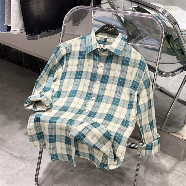 Áo Sơ Mi Nam Mẫu Caro Rộng Xanh Kem BEACON DENIM Form Regular Mã SMCRR414