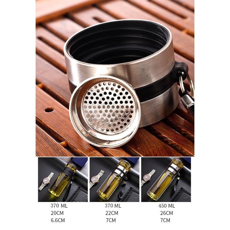 Bình Pha Trà Thủy Tinh 2 Lớp Chịu Nhiệt Có Lõi Lọc Inox 304 Đủ Size Dung Tích 350-450ml Kèm Quai Xách Tiện Lợi