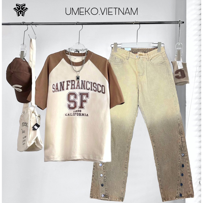 UMEKO Set Phối Sẵn Unisex 2 Sản Phẩm Gồm Áo Thun Raglan Và Quần Jean Ống Rộng Ombre Nâu From Suông Thời Trang Streetwear