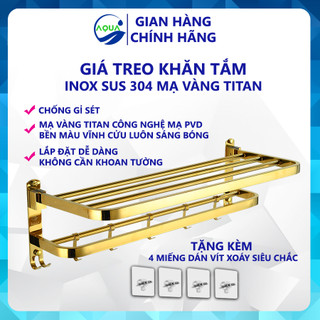 Giá Treo Khăn Nhà Tắm AQUA-Inox 304 Mạ Vàng Titan Chống Rỉ, Lắp Đặt Không Cần Khoan Tường Dài 60cm