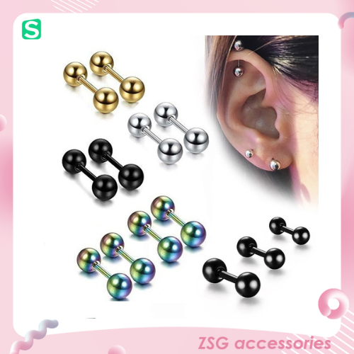 Khuyên xỏ cơ bản 16G hình quả tạ 2 đầu tròn/nhọn 3/4/5mm chất liệu thép ytế không gỉ