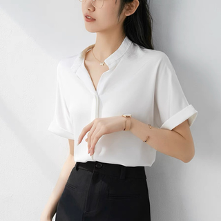 Áo sơ mi công sở nữ cộc tay lụa trơn cổ tàu siêu xinh