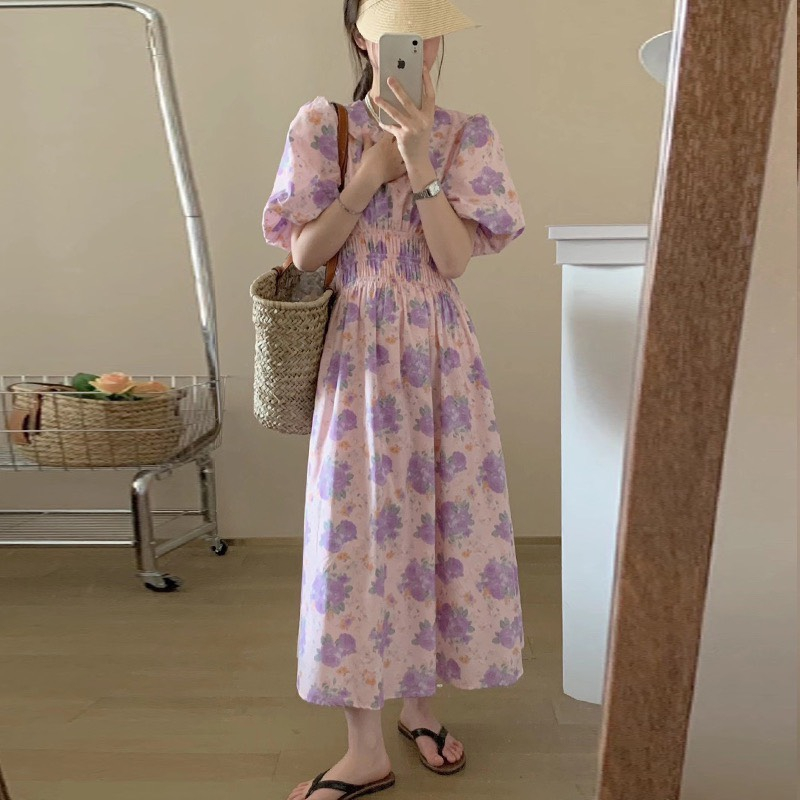 Váy hoa hồng tím tay phồng thon eo xòe dài nhẹ nhàng Hàn Quốc vintage điệu đà