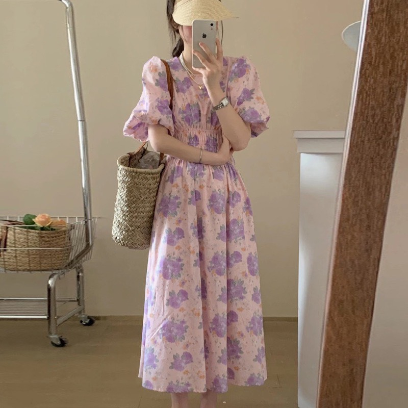 Váy hoa hồng tím tay phồng thon eo xòe dài nhẹ nhàng Hàn Quốc vintage điệu đà