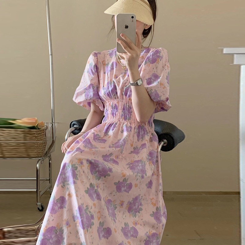 Váy hoa hồng tím tay phồng thon eo xòe dài nhẹ nhàng Hàn Quốc vintage điệu đà