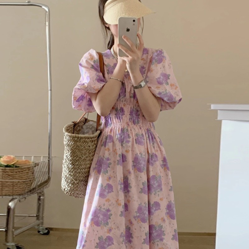 Váy hoa hồng tím tay phồng thon eo xòe dài nhẹ nhàng Hàn Quốc vintage điệu đà