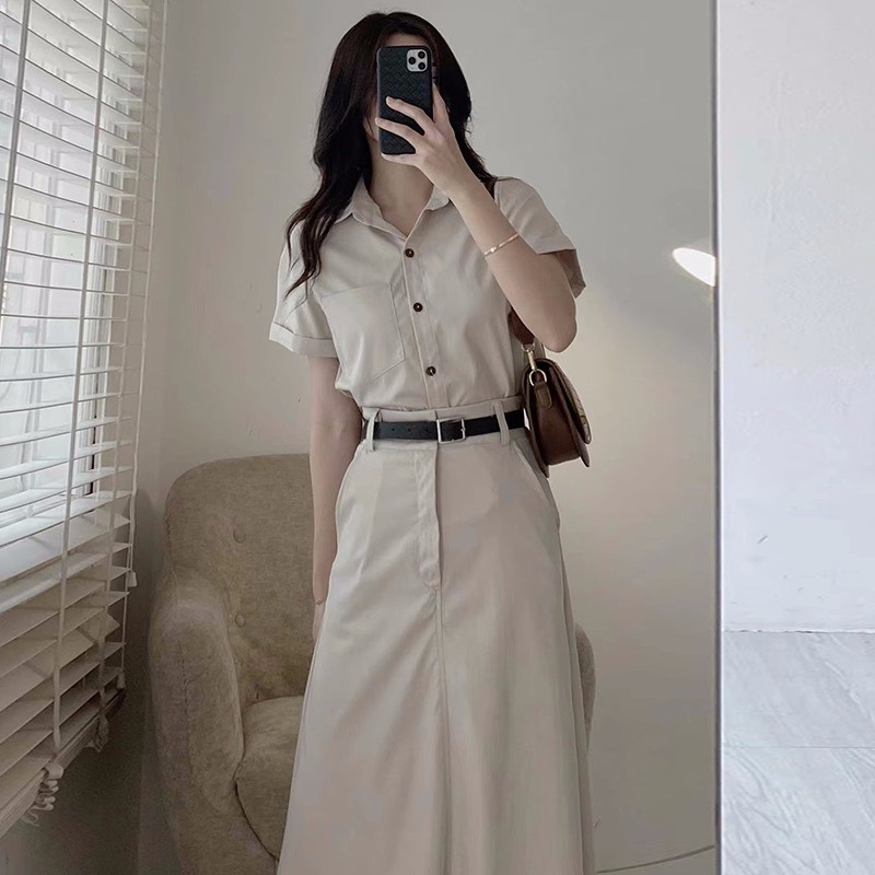 (ORDER - sẵn Váy be) Set áo sơ mi cổ bẻ cộc tay cài khuy+ Chân váy cạp cao dáng A suông dài style công sở Hàn Quốc