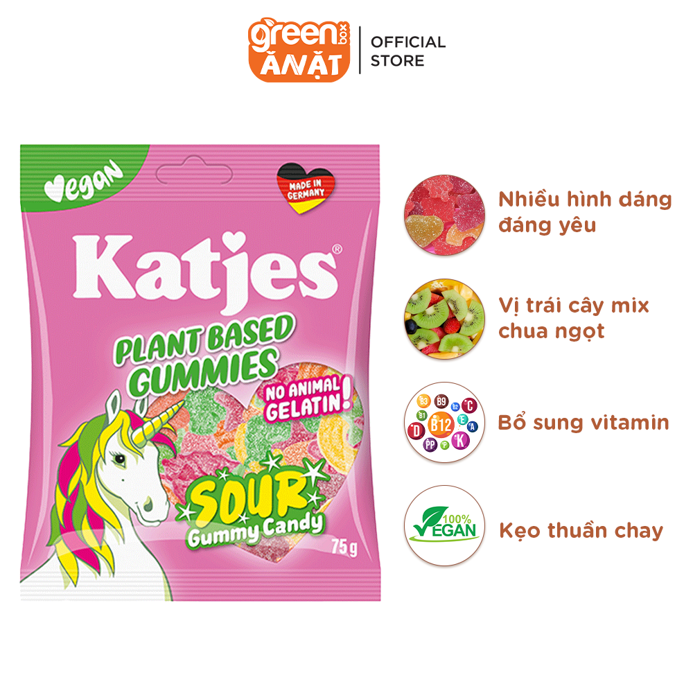 Kẹo dẻo chua vị trái cây gốc thực vật ăn chay được Katjes Đức 75g, chiết xuất từ thực vật và tảo biển