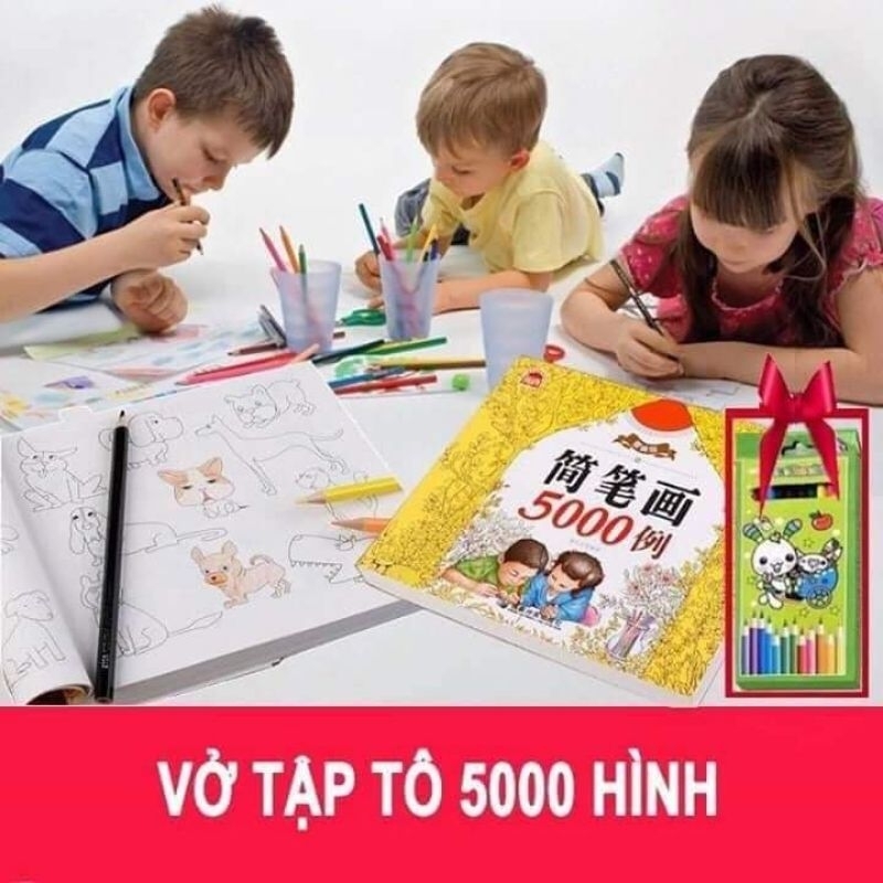Tập tô 5000 hình tặng kèm 1hộp bút tô màu cho bé