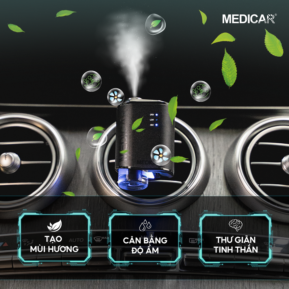 Máy xông tinh dầu ô tô thông minh Medicar, máy khuếch tán tinh dầu ô tô công nghệ AI, nước hoa ô tô mùi dễ chịu