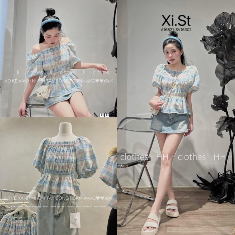 Áo kẻ bo chun xanh tay phồng hót (kèm ảnh thật và video)