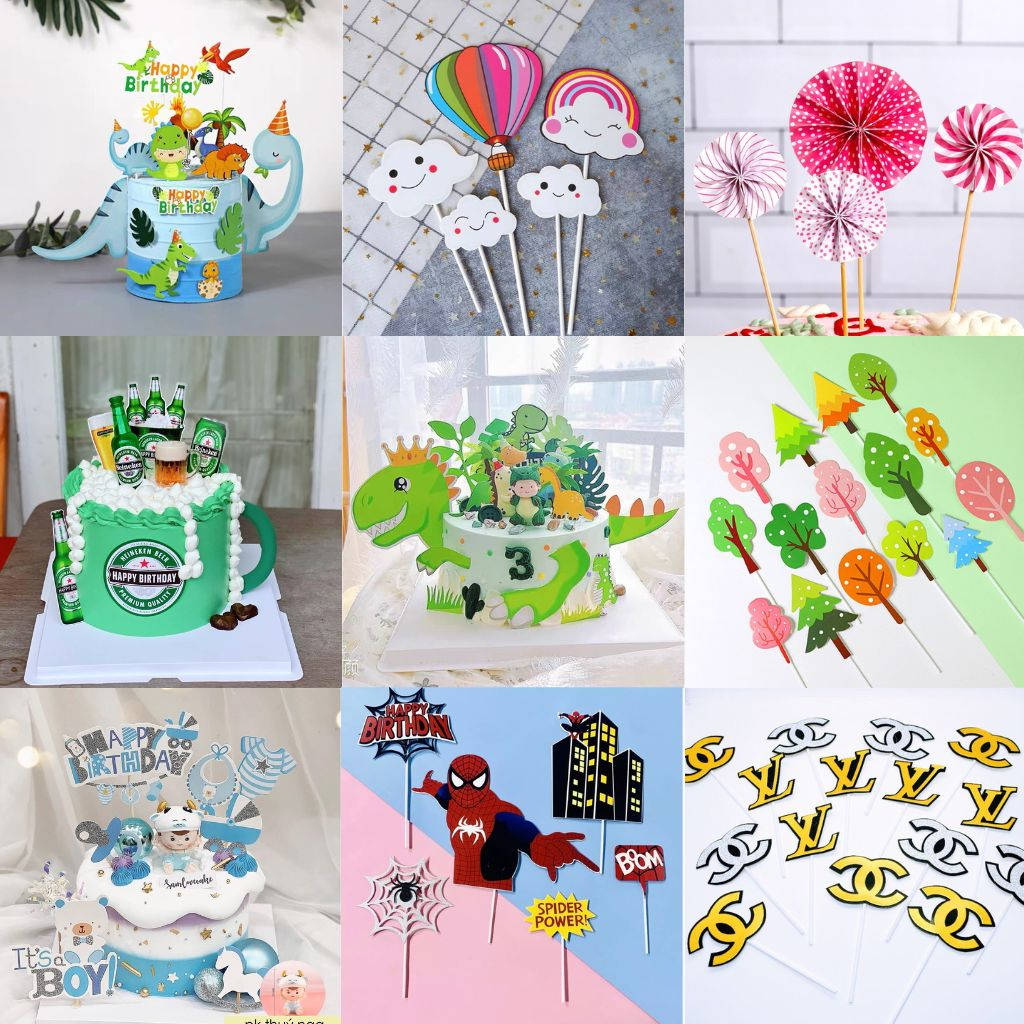 Bộ hình cắm giấy chủ đề trang trí bánh kem, set cắm giấy phụ kiện trang trí bánh kem