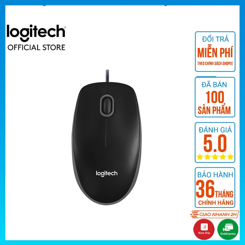 Chuột Máy Tính Logitech B100 Có Dây - Siêu Bền, Siêu Tiết Kiệm, Nhỏ Gọn, Dây Dài 1m8