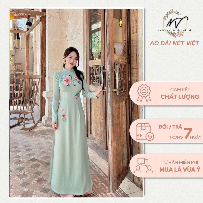 Áo dài truyền thống lụa thêu hoa mềm mát mịn đi dạy siêu xinh kèm ảnh thật phía sau, Áo dài Nét Việt