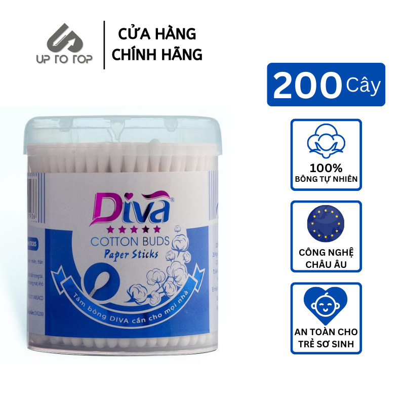 Tăm bông Diva Thân Giấy hộp tròn An Toàn cho Trẻ Sơ Sinh 100% Bông Tự Nhiên 200 cây