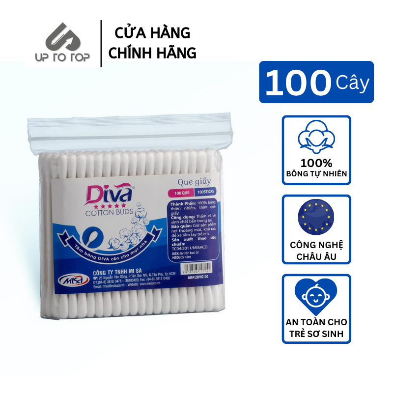 Tăm bông Diva Thân Giấy An Toàn cho Trẻ Sơ Sinh 100% Bông Tự Nhiên Túi 100 cây