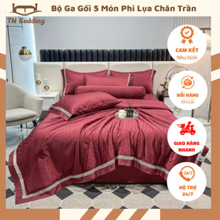 Set chăn ga 5 món phi lụa vân chìm chăn trần hoạ tiết sang trọng -TN1