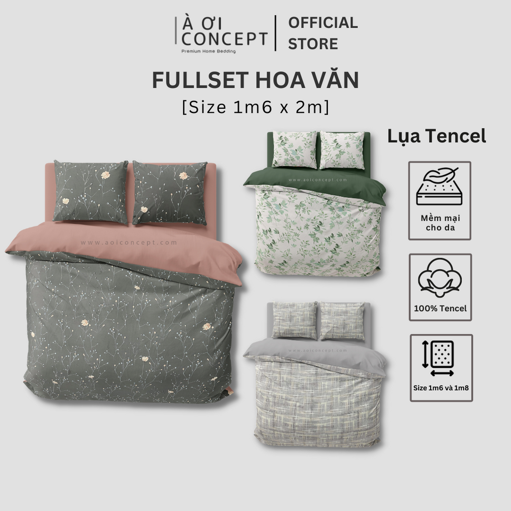 Bộ Chăn Ga Gối 5 Món Lụa Tencel Size 1m6 x 2m Nhiều Hoa Văn À Ơi Concept cao cấp Hàn Quốc