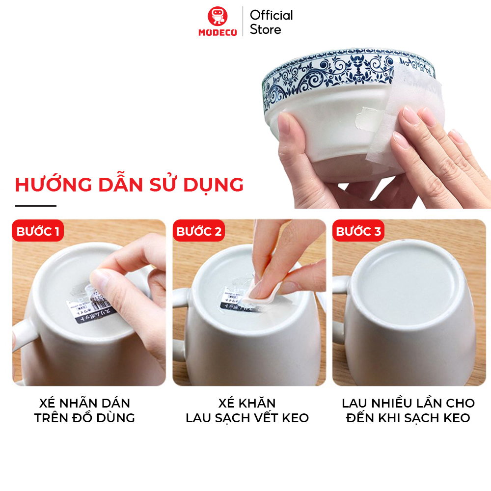 Hộp 36 Miếng Khăn Lau Tẩy Keo Đa Năng Modeco - Tẩy Bay Vết Keo Cứng Đầu, Vết Dầu Mỡ, Làm Sạch Cực Mạnh Không Gây Hại