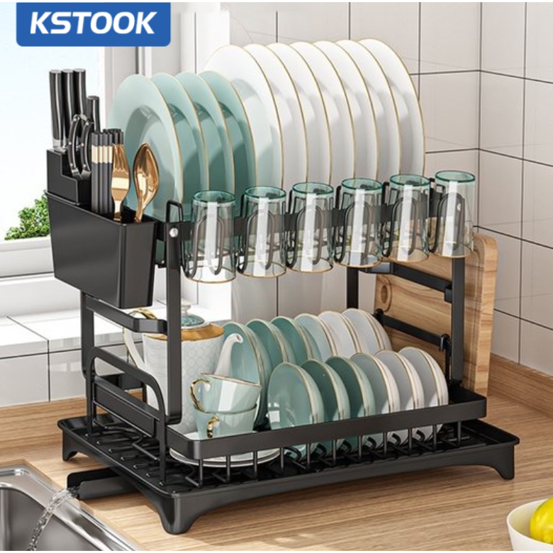 kệ để đồ nhà bếp Giá để bát đĩa 2 tầng Giá để bát đĩa nhà bếp có ngăn đựng cốc Giá đỡ bằng thép không gỉ