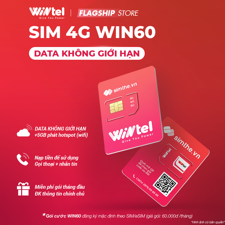 Sim WINTEL WIN60 - Max Data 4G Tốc Độ Cao Không Giới Hạn. Dùng Sóng Vinaphone Trên Toàn Quốc - Siêu Rẻ Chỉ Với 60K/Tháng