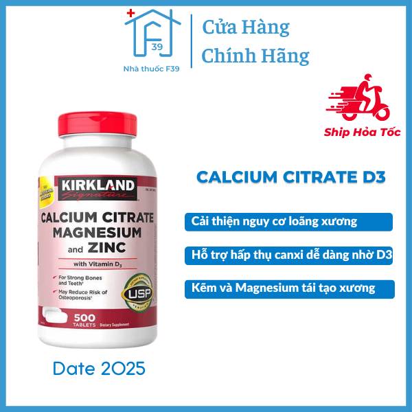 Viên uống bổ sung Kirkland Calcium Citrate Magnesium And Zinc 500 viên màu Hồng - Nhà thuốc F39