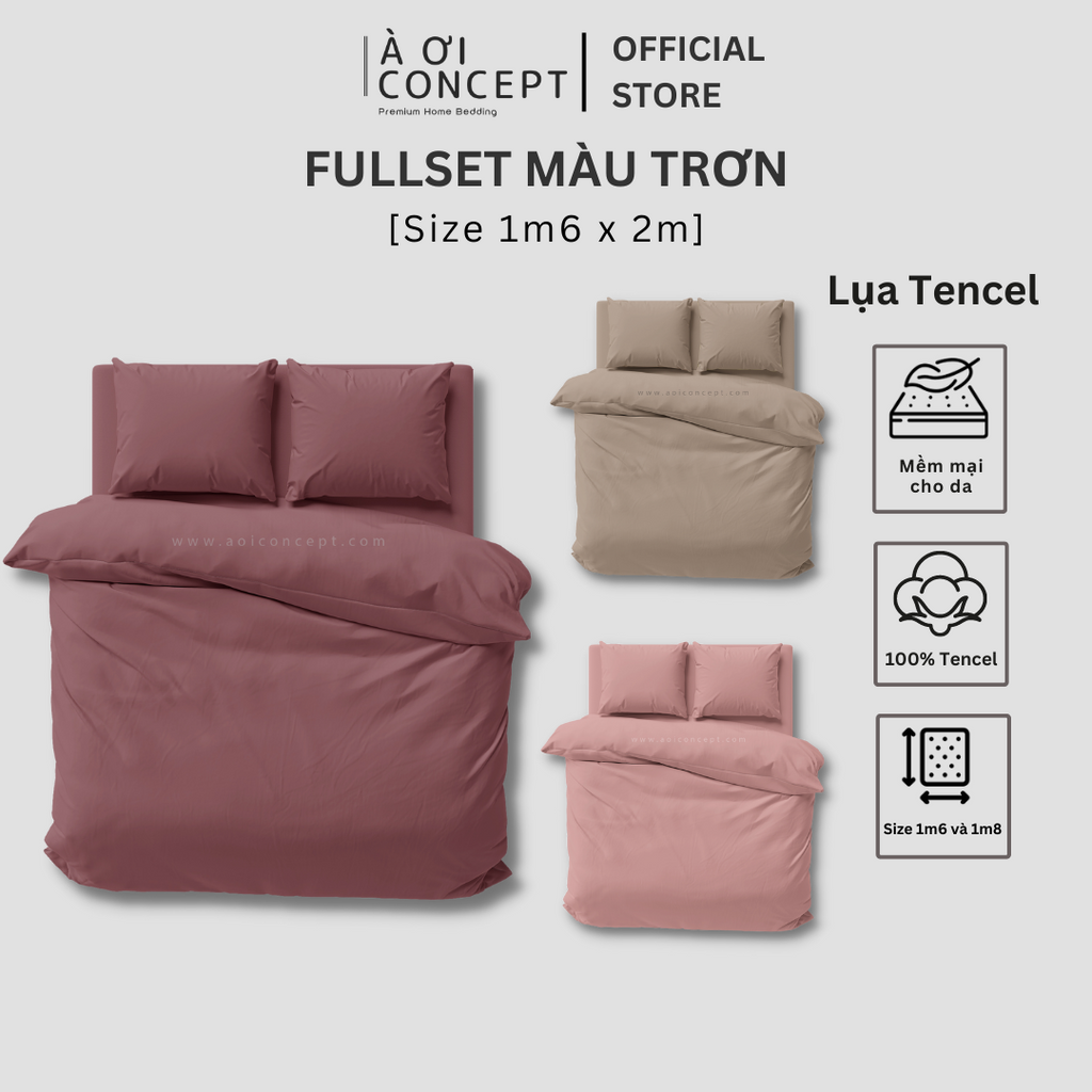 Bộ Chăn Ga Gối 5 Món Lụa Tencel Size 1m6 x 2m Trơn Nhiều Màu À Ơi Concept cao cấp Hàn Quốc