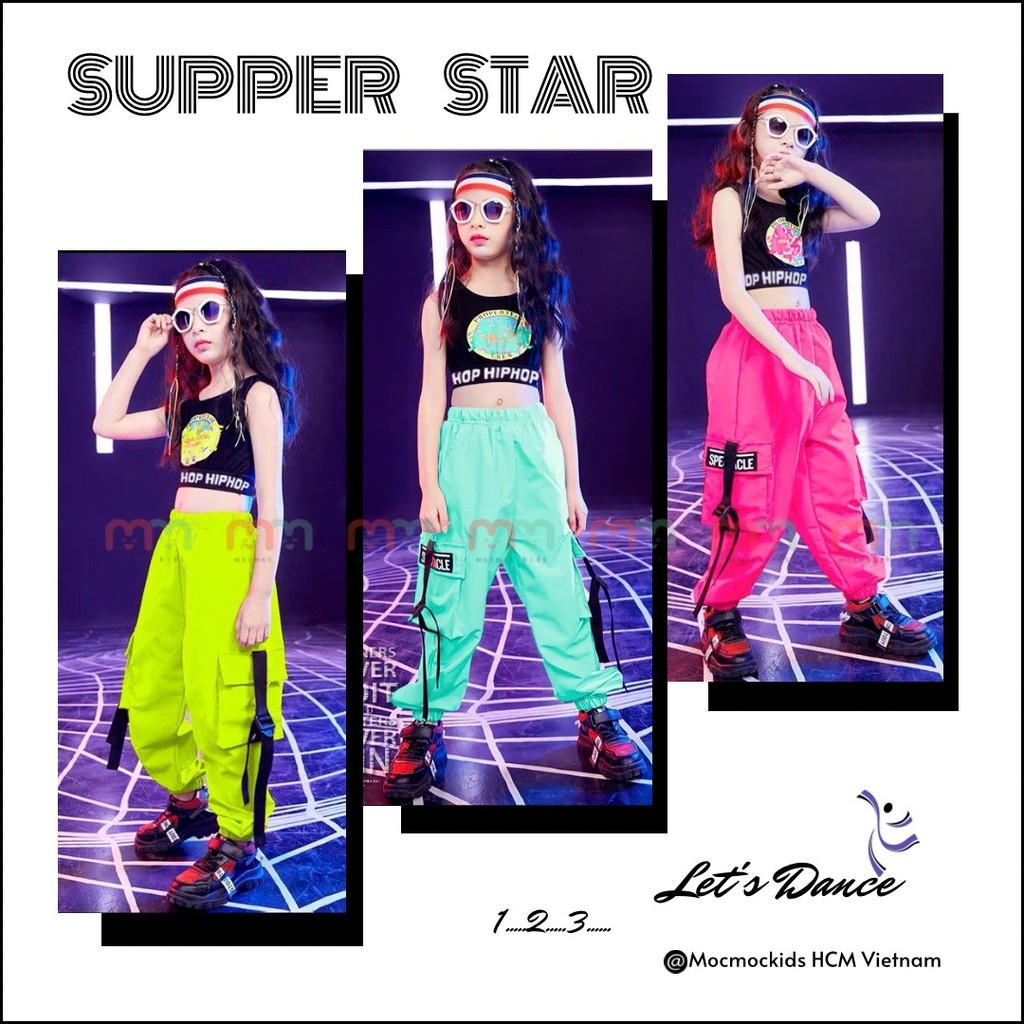 Đồ nhảy bé gái hiphop hiện đại áo croptop bo eo, quần jogger túi hộp chất dù thể thao cao cấp cho bé 16kg đến 48kg