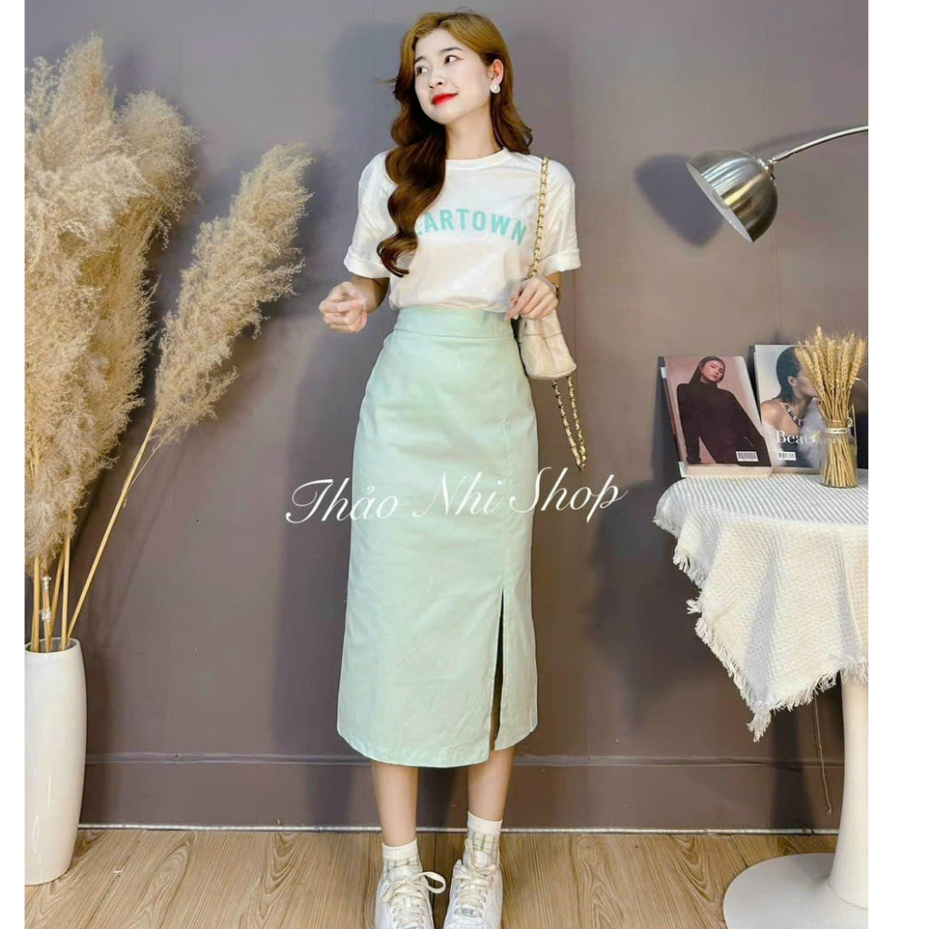 Set bộ thời trang nữ đi chơi chất áo cotton cổ tròn tay ngắn IN chữ váy cotton lạnh lưng thu ôm maxi xẻ lai siêu xinh
