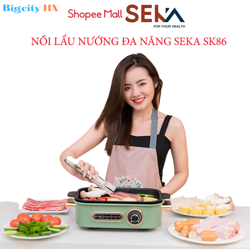 Nồi lẩu nướng đa năng Seka SK-86, Nồi lẩu điện kiêm nướng, hấp, làm bánh tiện lợi bảo hành 12 tháng
