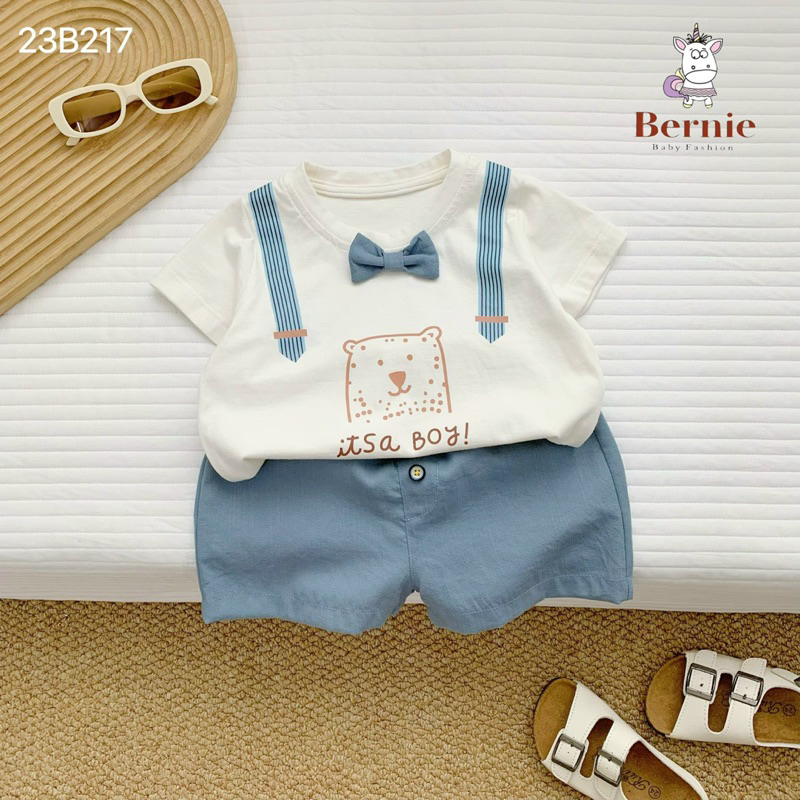 BERNIE - Bộ công tử đính nơ vải cotton mềm mát cho bé