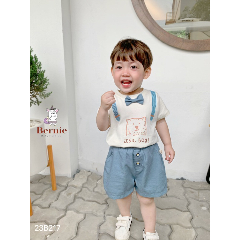BERNIE - Bộ công tử đính nơ vải cotton mềm mát cho bé