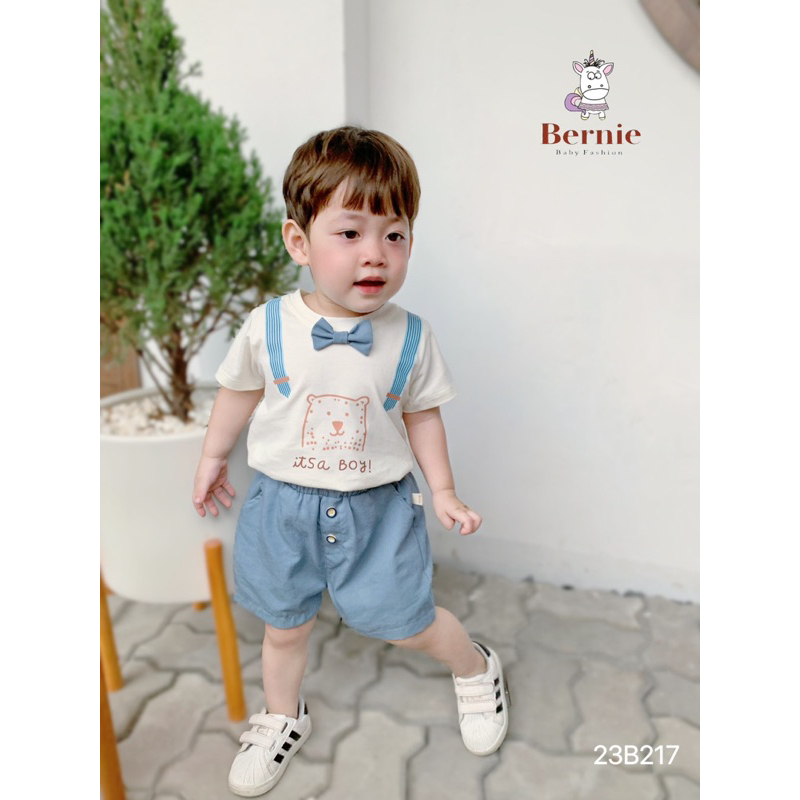 BERNIE - Bộ công tử đính nơ vải cotton mềm mát cho bé