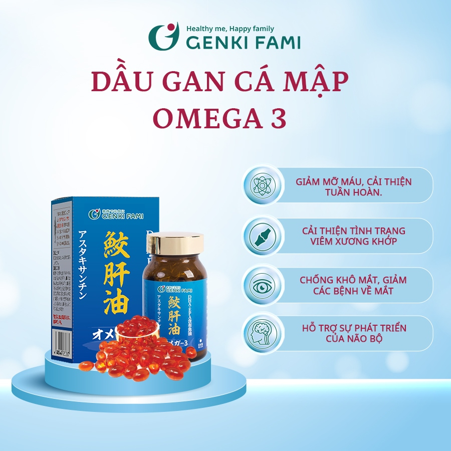 Omega 3 Bổ Mắt Hỗ Trợ Người Cận Thị, Tốt Cho Trí Não Tim Mạch, Astaxanthin Ngăn Ngừa Lão Hóa Genki Fami Nhật Bản