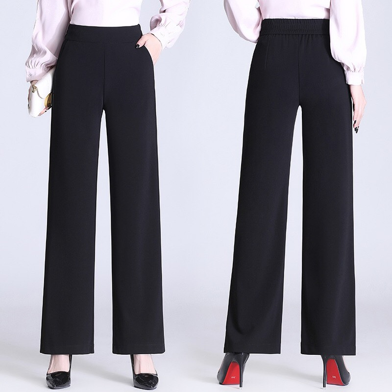 Quần ống suông lưng thun đen co giãn, Quần ống rộng nữ màu đen vải solen co giãn tốt size từ 40-75kg
