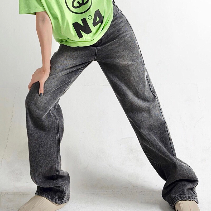 QUẦN JEANS SUÔNG RỘNG LƯNG CAO - XÁM ĐEN WASH